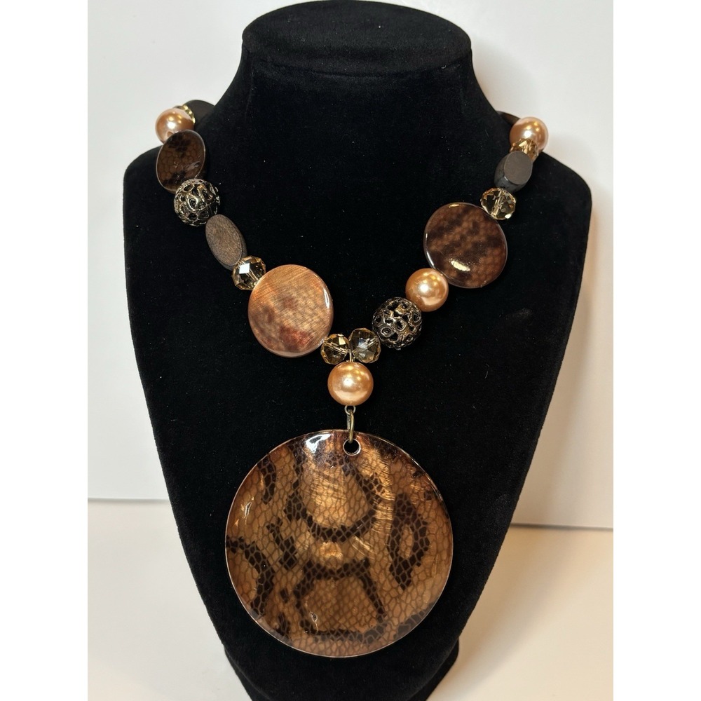 Brown Shell Pendant Statement Necklace Glass Acrylic Pearls Animal Print 19"